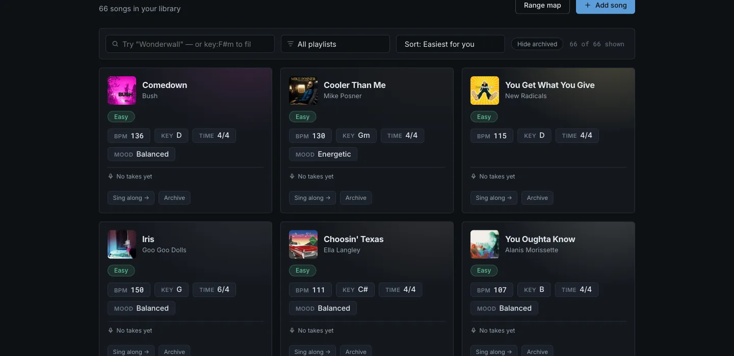 A song library in Vocal Booth: cover art, difficulty badges, tempo, key and mood chips, sorted 'easiest for you'