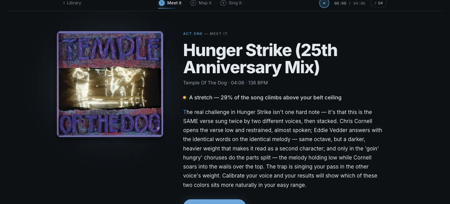 Hunger Strike by Temple of the Dog in Vocal Booth: 'A stretch — 29% of the song climbs above your belt ceiling', with a brief describing how Chris Cornell and Eddie Vedder trade the same verse
