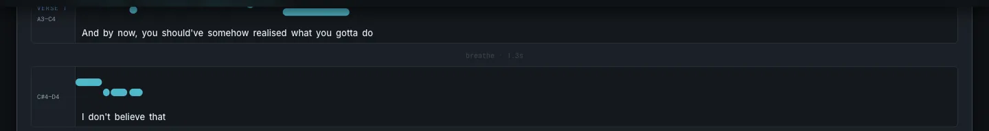 Two mapped phrases from Wonderwall: note bars over each lyric word, register ranges labeled per line, and a 'breathe · 1.3s' marker between them